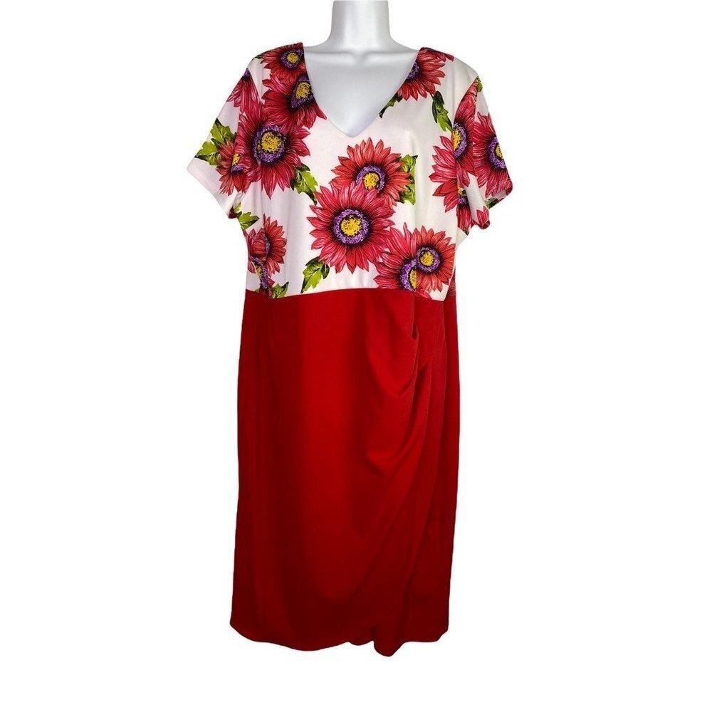 Miss Kim Womens Sheath Dress White Red Floral Stretch Short Sleeve Plus‎ 3XL New